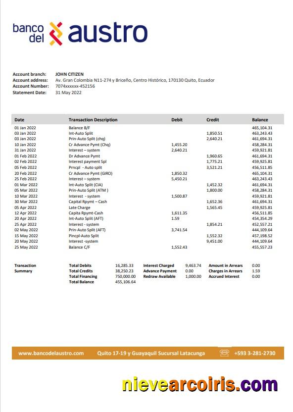 Ecuador Banco del Austro bank statement, Word and PDF format